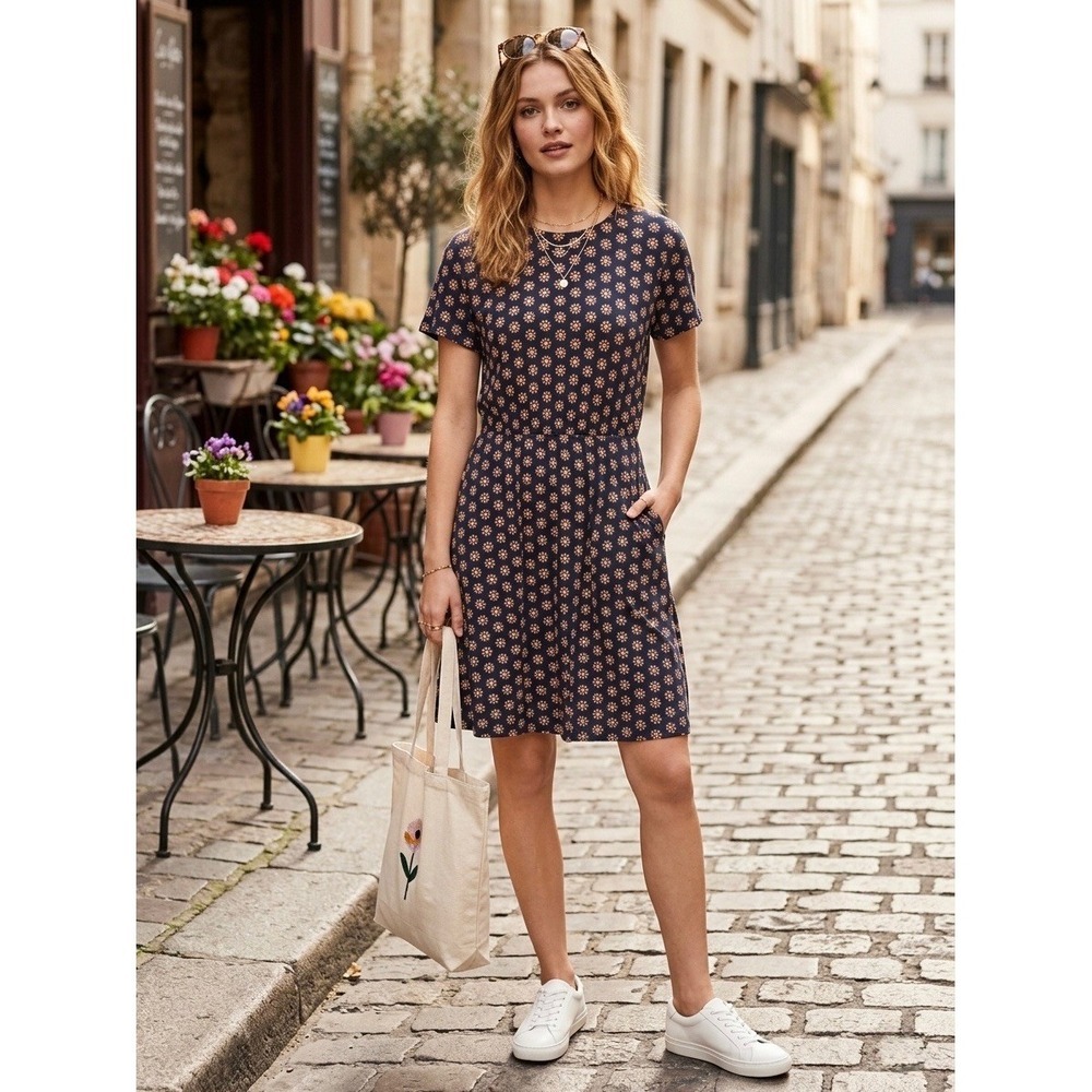 Boden Navy Blue Daisy Floral Jersey Dress Elastic Waist Pockets US 4R J0739